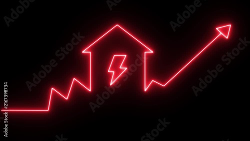 Neon red line animation charts rise in electricity costs featuring glowing house icon with lightning bolt signifying energy consumption increase.