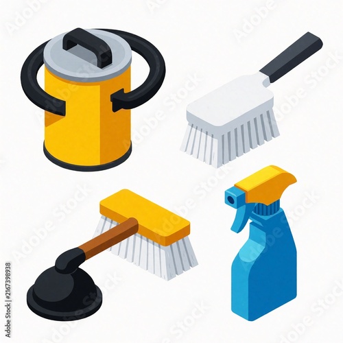 Cleaning Supplies Set with Broom, Spray Bottle and Bucket Isometric Illustration