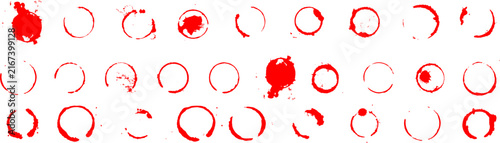 Obraz na płótnie Large set of red wine or coffee cup stain rings and circular ink splatters isola