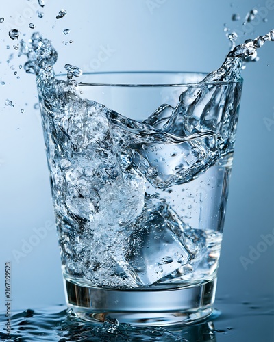 Clear cold water splash in a glass with ice cubes on a blue background