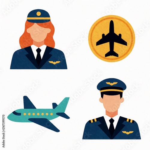 Airline Pilot and Flight Attendant Icons with Airplane Silhouette and Commercial Jet Plane Illustration