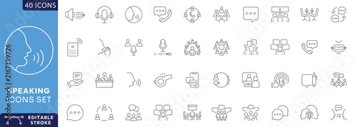 Speaking icons set. Communication icon symbols for talking, conversation, consultation, conference, voice, speech bubble and public speaking. Fully editable. vector illustration