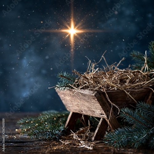 Wooden Manger With Hay And Glowing Star In Dark Blue Night Sky Scene