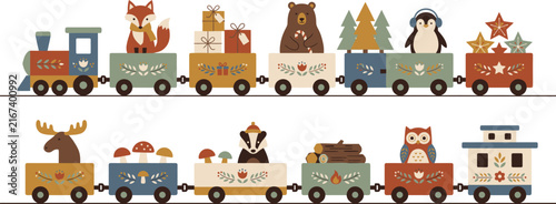 Cute woodland animals riding a colorful toy train illustration for children room decor and nursery wall art print design