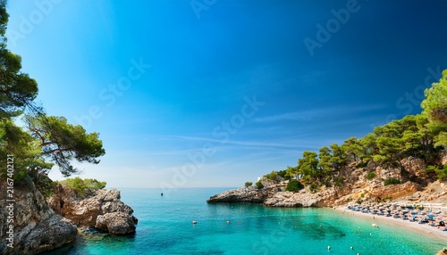 sunny mediterranean cove with turquoise sea rocky coastline pine trees and beach umbrellas