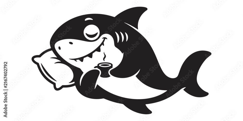 Fototapeta premium Cute cartoon killer whale character sleeping with a soft pillow and drinking coffee Vector
