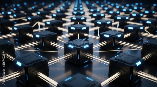A networked node grid featuring illuminated connectors to symbolize an autonomous decision-making system and distributed AI coordination.