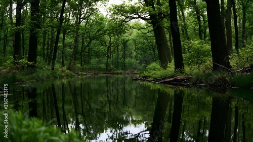 A serene forest pond reflecting tall trees and lush greenery in a tranquil natural setting with calm water and dense foliage