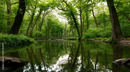 A serene forest pond reflecting tall trees and lush greenery under a soft sky  creating a tranquil natural scene