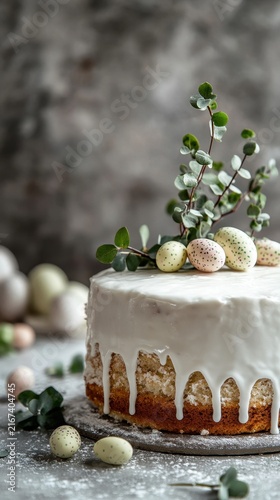 Decorated Easter Cake with White Icing Glaze and Speckled Eggs