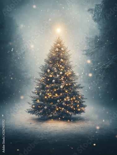 Magical Christmas Tree with Glowing Lights in Winter Snow