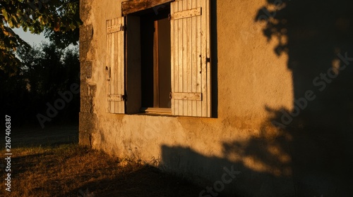 Old Stone Facade with Wooden Window Shutters and Tree Shadows