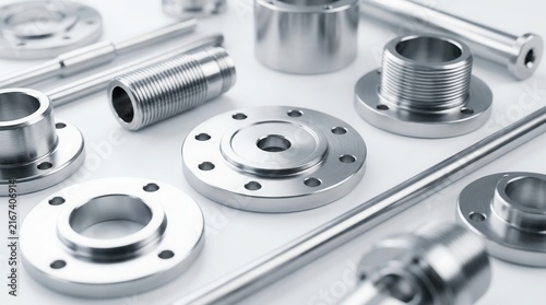 A collection of machined metal parts and shiny precision components on a clean white background.
