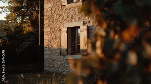 Traditional Stone Cottage Facade in Warm Golden Hour Sunlight
