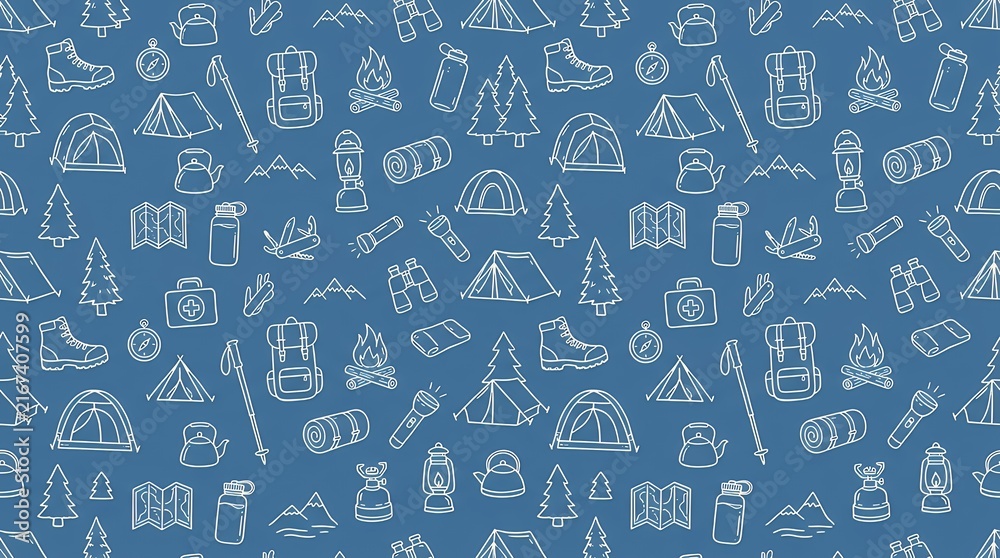 Line art seamless travelpattern featuring hiking gear camping equipment icons on blue background camping pattern travel hiking seamless line articon outdoor recreation adventure