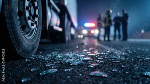 Truck accident lawyer and legal injury claim concept shown through a close up of broken glass and a truck wheel at a nighttime crash scene.