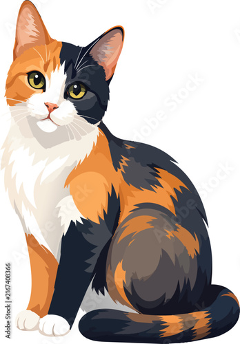 Beautiful calico cat illustration sitting on white background.