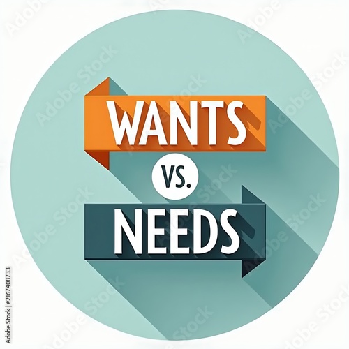 Wants vs needs opposite arrows sign on light blue round background
