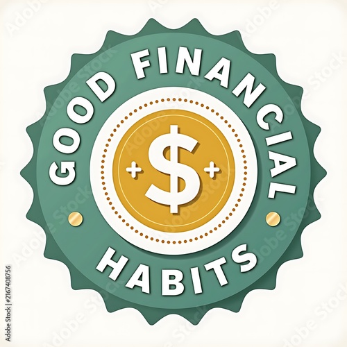 Good financial habits round badge with dollar sign on white background