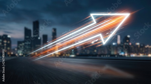 Strategic change, speed, and data-driven direction illustrated by an abstract arrow of light over a blurred cityscape for business transformation.