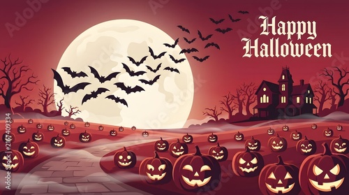 Happy Halloween red banner with pumpkin patch, giant flock of bats, full moon, and haunted house