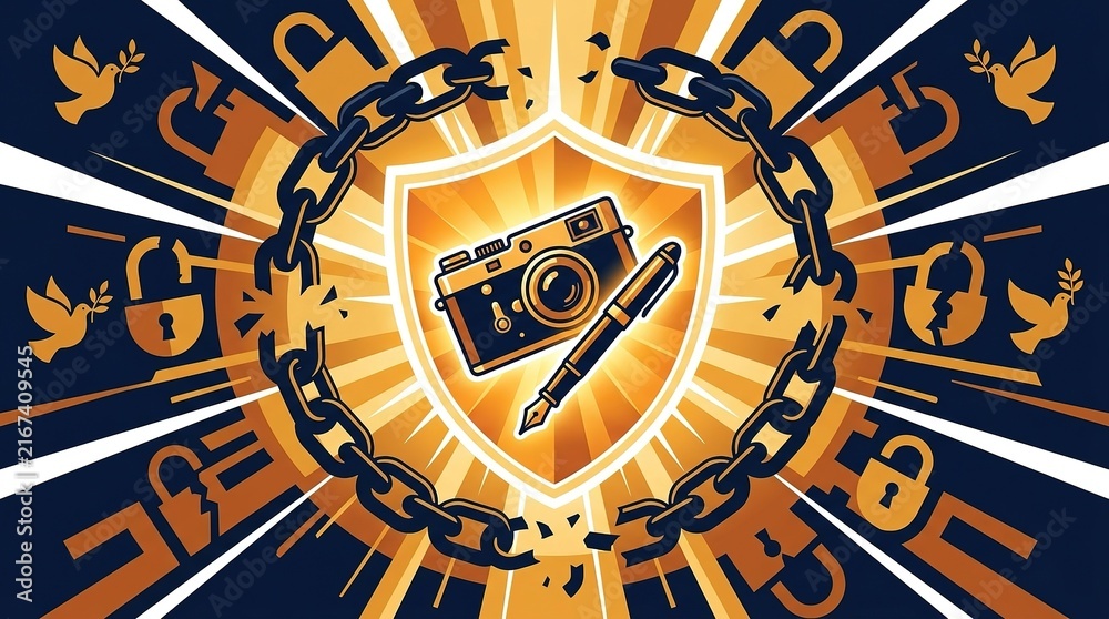 Naklejka premium Press Freedom Vector Graphic Illustration Featuring Camera Pen Shield Broken Chains Padlocks And Doves.