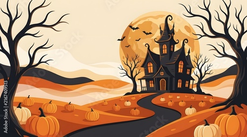 Halloween spooky haunted house with full moon, pumpkins, and dead trees