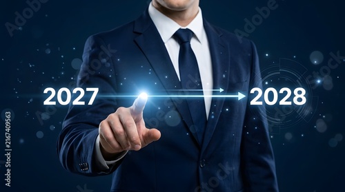 Businessman pointing forward from year 2027 to 2028 for future planning and business transition concept