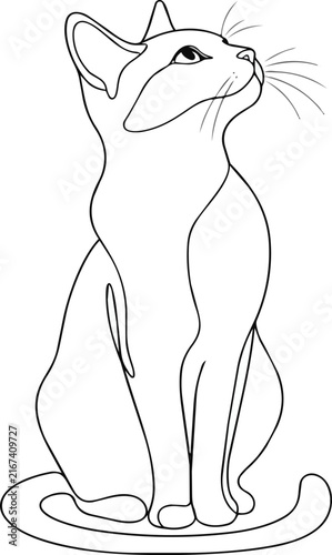 Elegant cat sitting and looking up line art illustration for coloring.