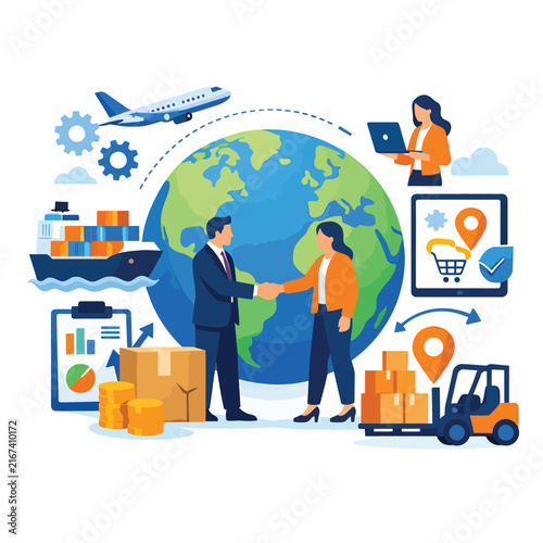 Global business logistics and supply chain concept illustration