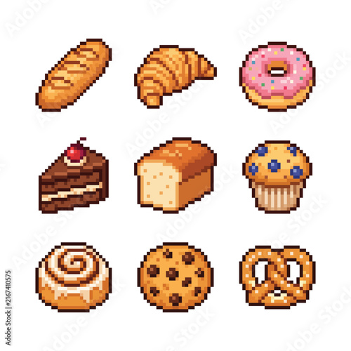 Pixel Art Bakery and Pastry Icon Set Vector Illustration