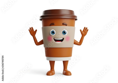 Animated coffee cup character waving cheerfully