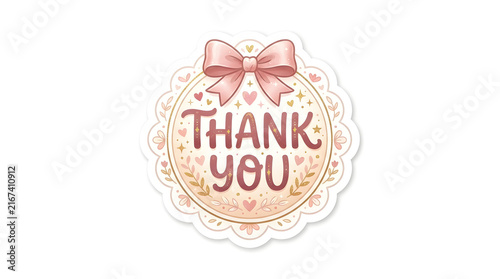 Elegant Pastel Pink Thank You Label Design with Decorative Bow and Lace Border for Gift Packaging and Gratitude