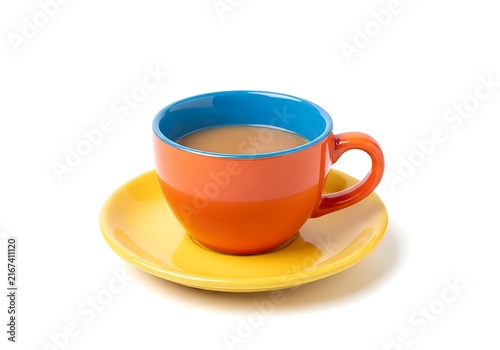 Colorful ceramic coffee cup with saucer on table
