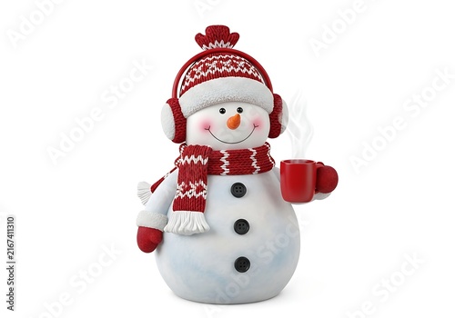 Cute snowman with red hat and scarf holding mug