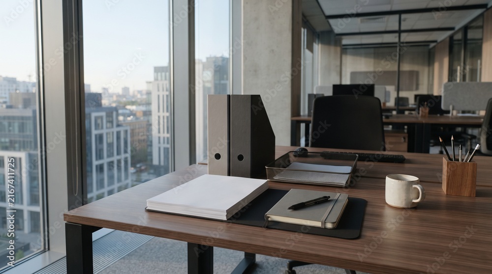 Fototapeta premium Corporate Office Desk with Document Organizer and City Skyline View