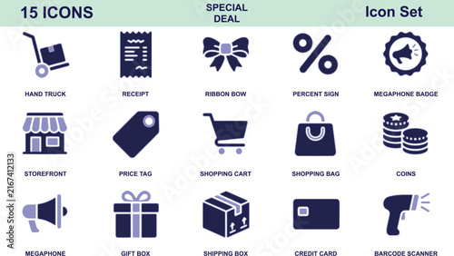 A set of fifteen dark blue retail and shopping featuring a hand truck, receipt, and shopping cart