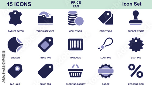 Collection of fifteen retail and shopping featuring price tags, coins, barcode, and shopping basket