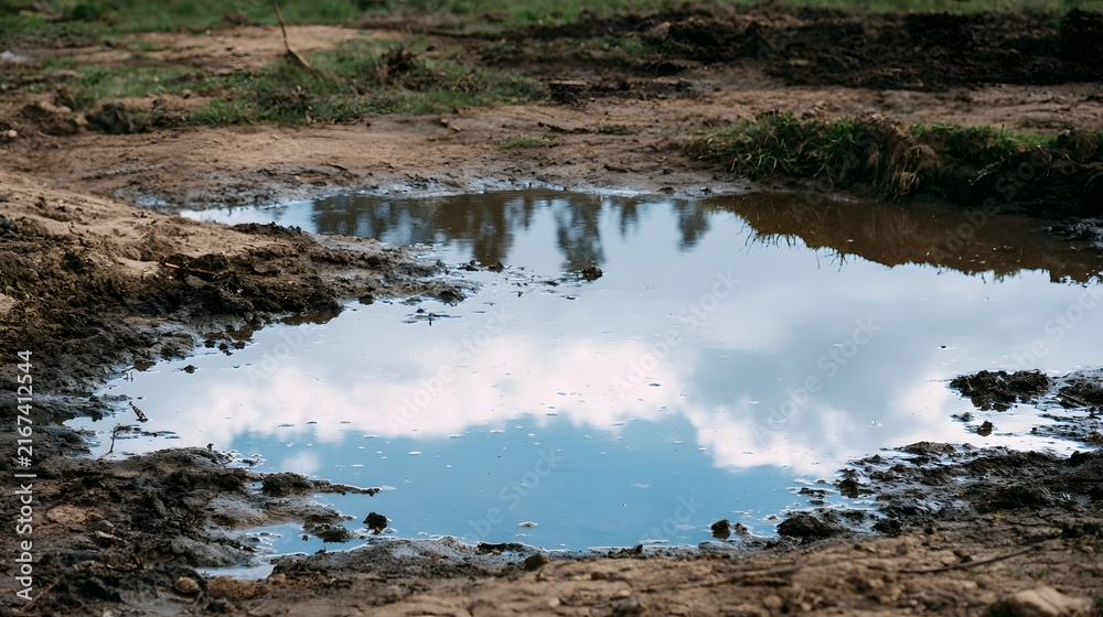 Obraz premium A shallow muddy puddle reflects a cloudy sky surrounded by wet earth and sparse grass in a natural outdoor setting