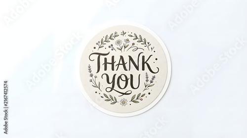 Elegant Floral Thank You Sticker Design with Botanical Wreath and Hand-Drawn Typography for Gratitude and Appreciation Messages