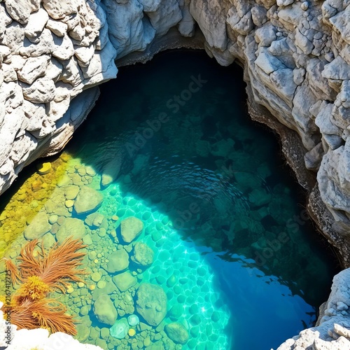 Secluded cove with crystal-clear water and seaweed, natural., paradise
