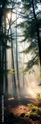 Serene forest light filtering through trees, gentle mist rising from the ground, misty, greenery