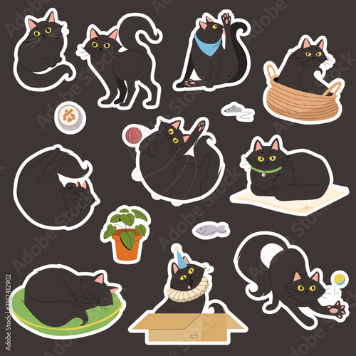 Cute black cat sticker pack funny character element set clipart