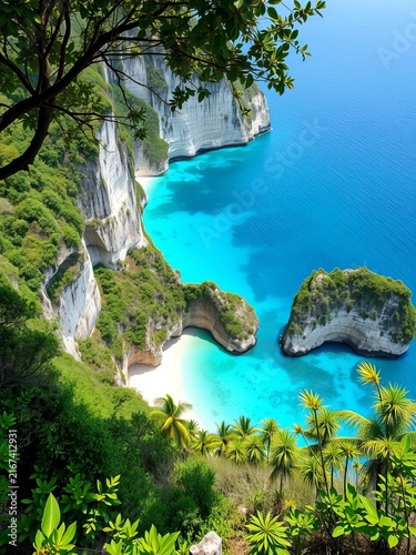 Cliffs overlooking turquoise lagoon with lush greenery, nature, resort