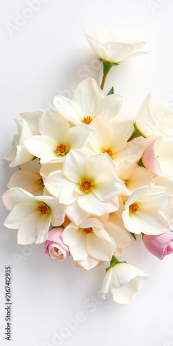 Floral arrangement of creamy white petals in a realistic shape isolated on a white background, ornate, soft