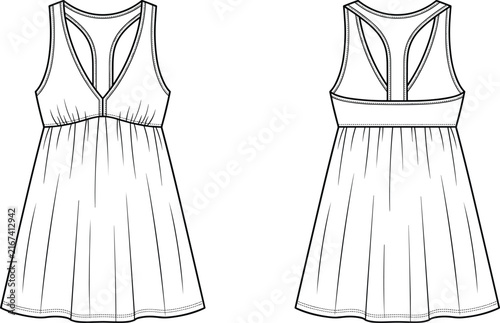 Women sleeveless v-neck racerback gathered mini dress technical fashion flat sketch vector illustration front back view template.