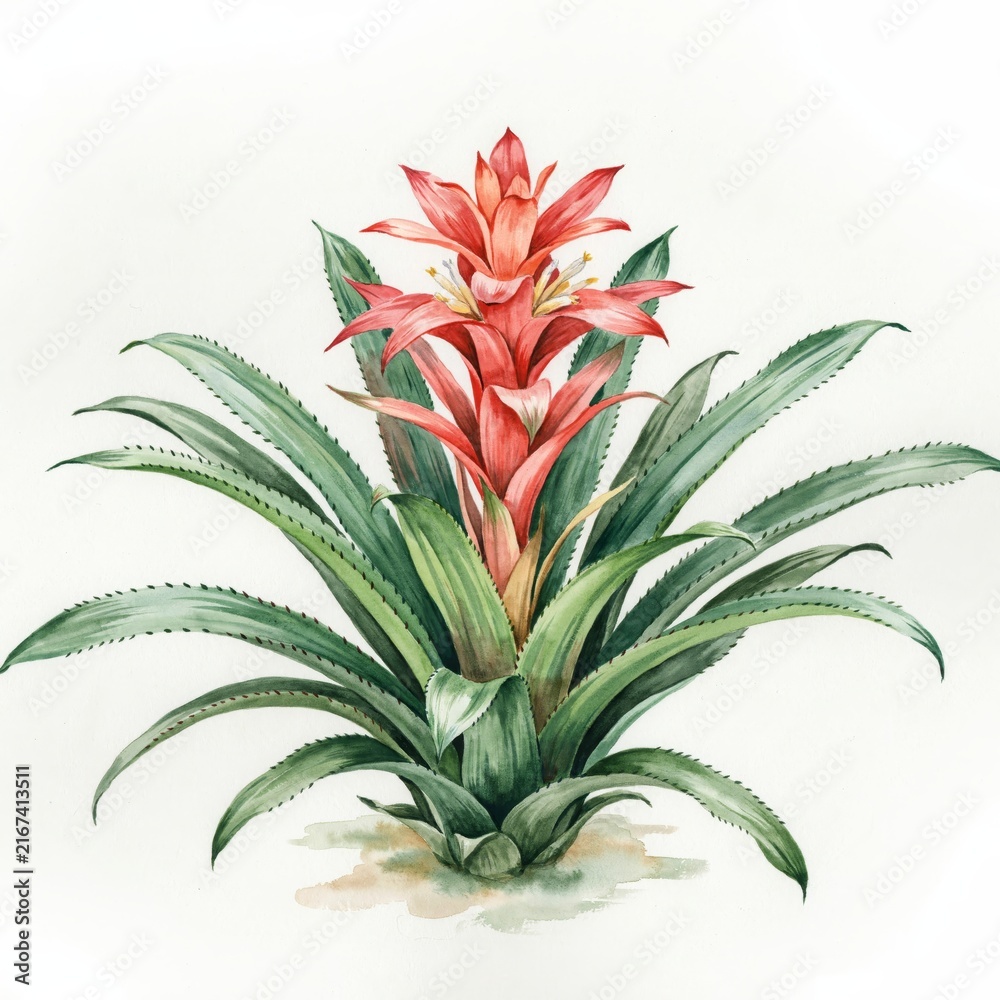 Obraz premium Bromeliad tropical plant with vibrant red bracts and green serrated leaves painted in watercolor for indoor botany display.