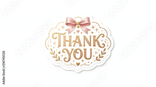 Elegant decorative thank you sticker with gold typography pink satin ribbon bow and gold heart accents for gift packaging