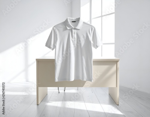 White polo shirt mockup in bright room