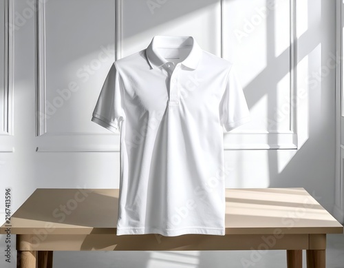 White polo shirt on wooden table with shadows